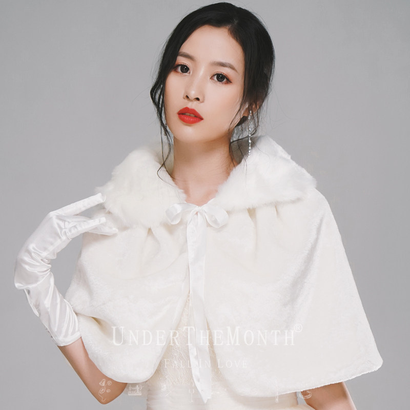 新娘婚纱礼服毛披肩秋冬保暖白色斗篷披肩外套演出结婚新娘配饰女