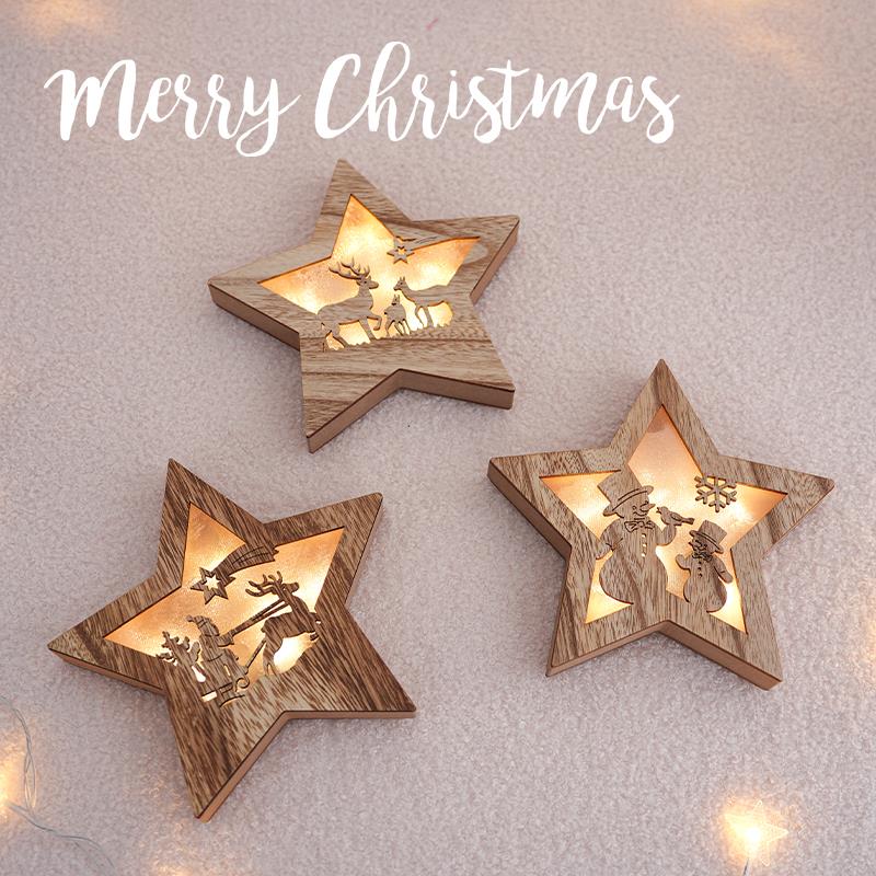 圣诞节饰品装饰场景布置木质发光星星造型灯桌面小摆件星星小配件