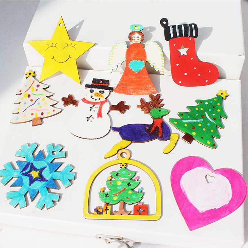 圣诞节圣诞树挂件简欧北欧原木片挂件DIY手工涂色小木片幼儿礼物
