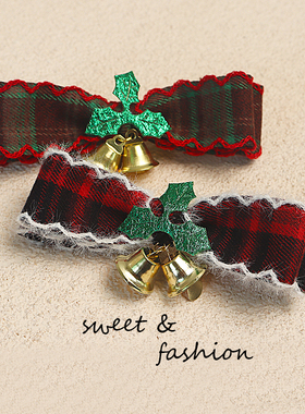 儿童发夹圣诞铃铛蝴蝶结头饰可爱女孩后脑勺顶夹红色格纹甜美发卡