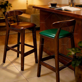 吧台椅家用实木高脚凳现代简约奶茶店前台靠背椅子北欧创意酒吧椅
