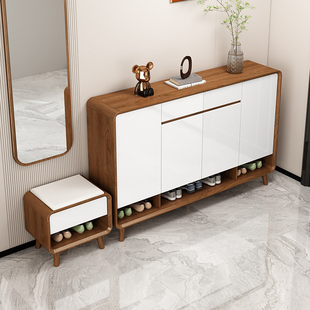 新中式鞋柜换鞋凳一体家用门口实木色烤漆入户靠墙玄关柜收纳柜