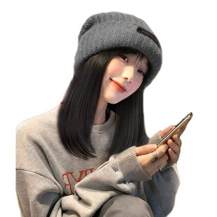 假发帽子一体秋冬2025网红针织帽锁骨发显脸小自然仿真短发全头套