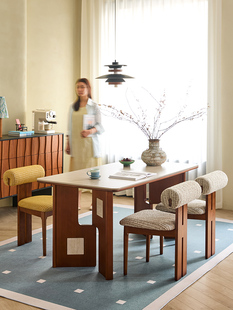 卡熙缇青时实木洞石岩板餐桌椅中古家用小户型法式 覆古长方形饭桌