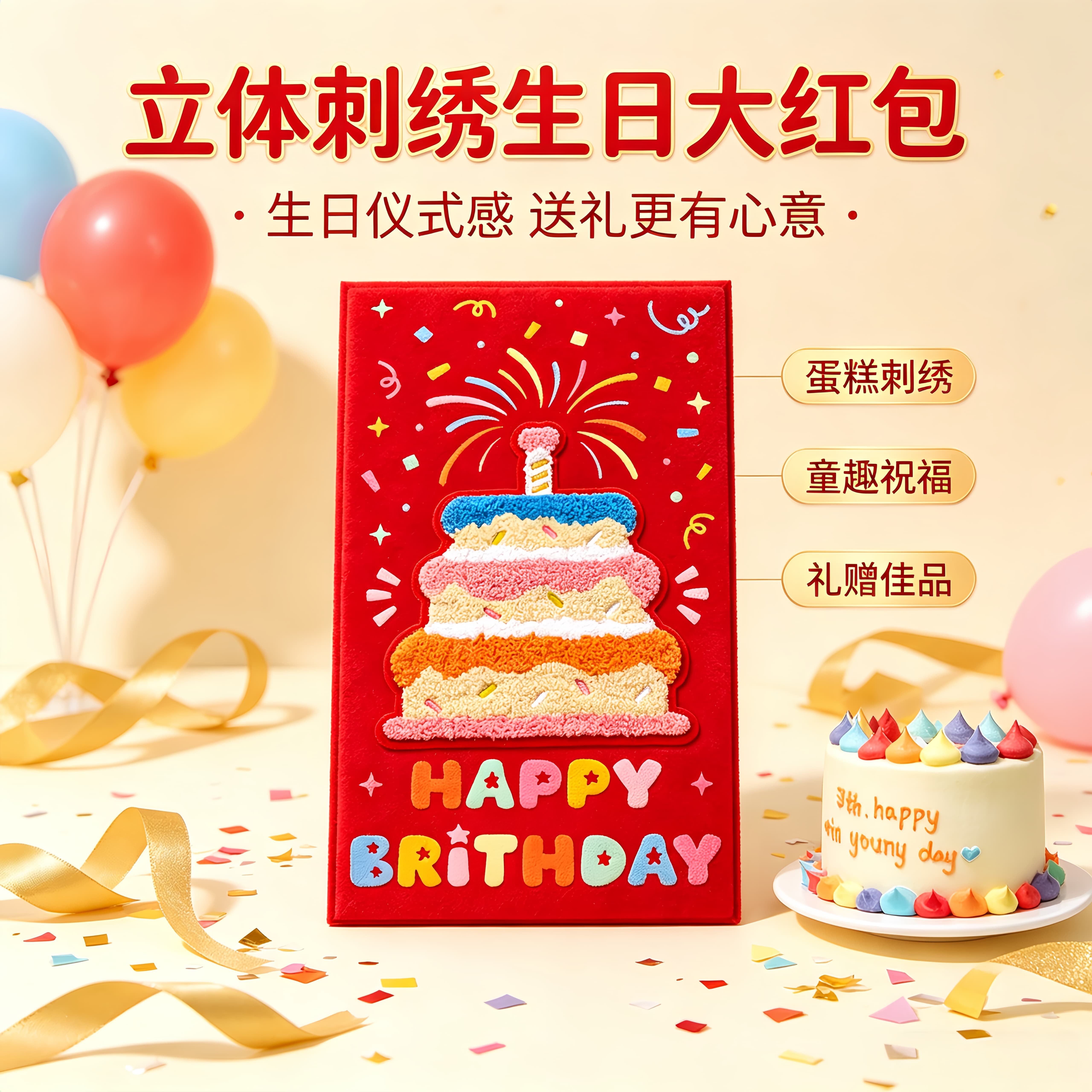 立体刺绣蛋糕生日红包长款多卡位仪式感利是封宝宝周岁成人红包袋生日快乐生日蛋糕童趣祝福新婚快乐生日祝福