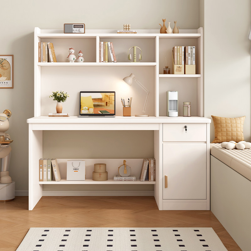 书桌家用学生写字桌卧室书架一体式桌子实木台式电脑桌学习办公桌