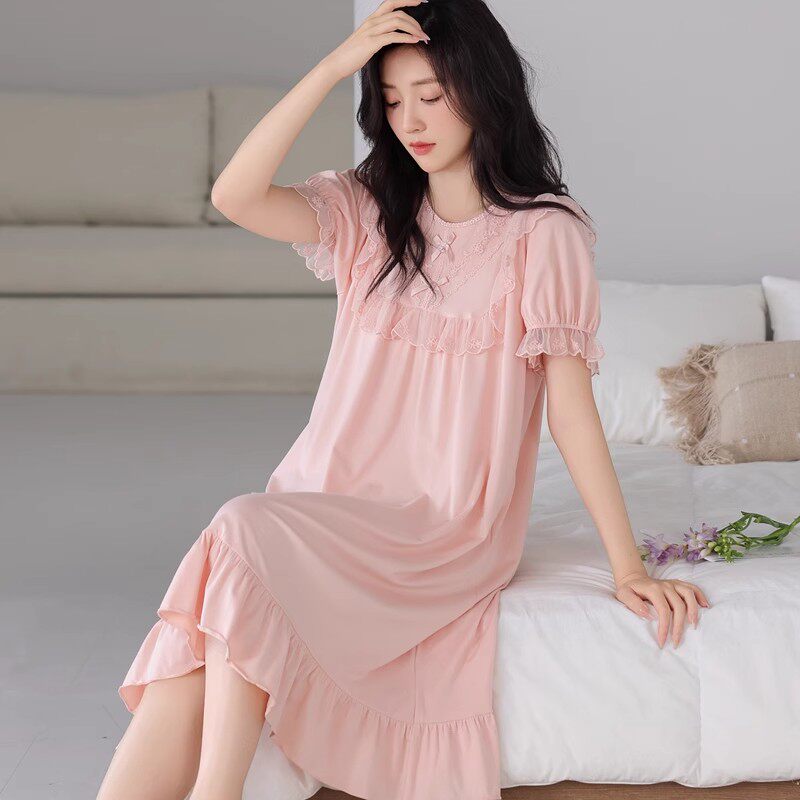 睡裙女士莫代尔新款夏季短袖薄款睡衣夏天大码蕾丝可外宽松连衣裙