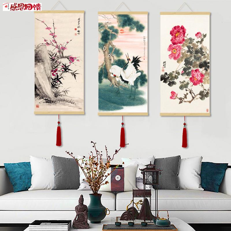 花鸟画仙E鹤图梅竹图丝绸画卷轴画绢画名家字画实木挂轴玄关装