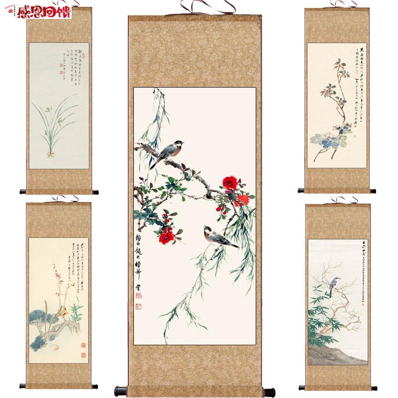 名家书画丝绸挂画 张大千芙蓉桂花 E春柳花鸟国画卷轴 客厅风水字