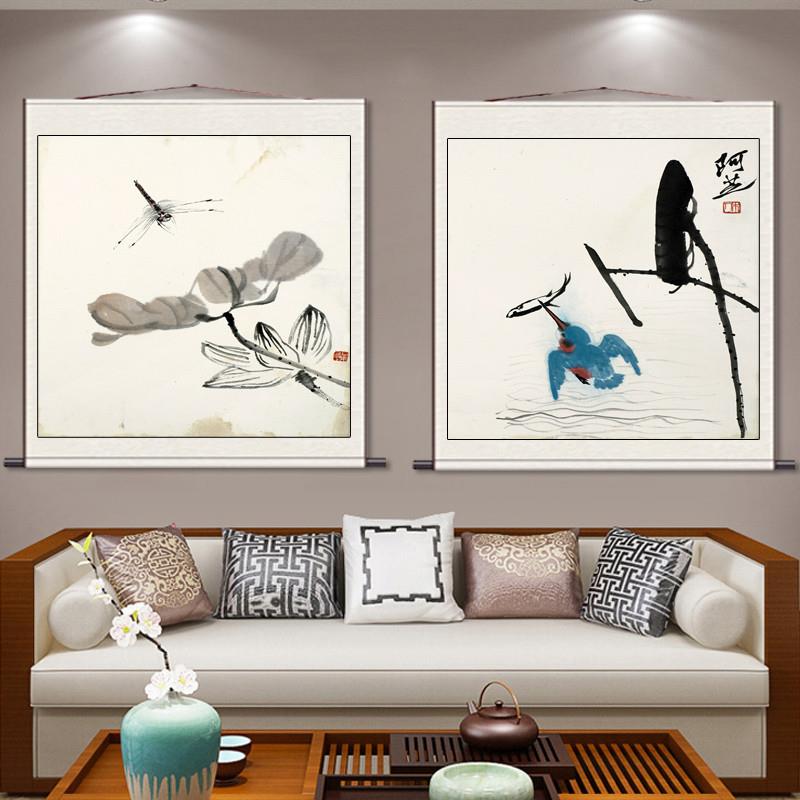 齐白石斗方挂画卷轴画丝绢画宣纸仿古画对虾图荷花蜻Q蜓简约画国