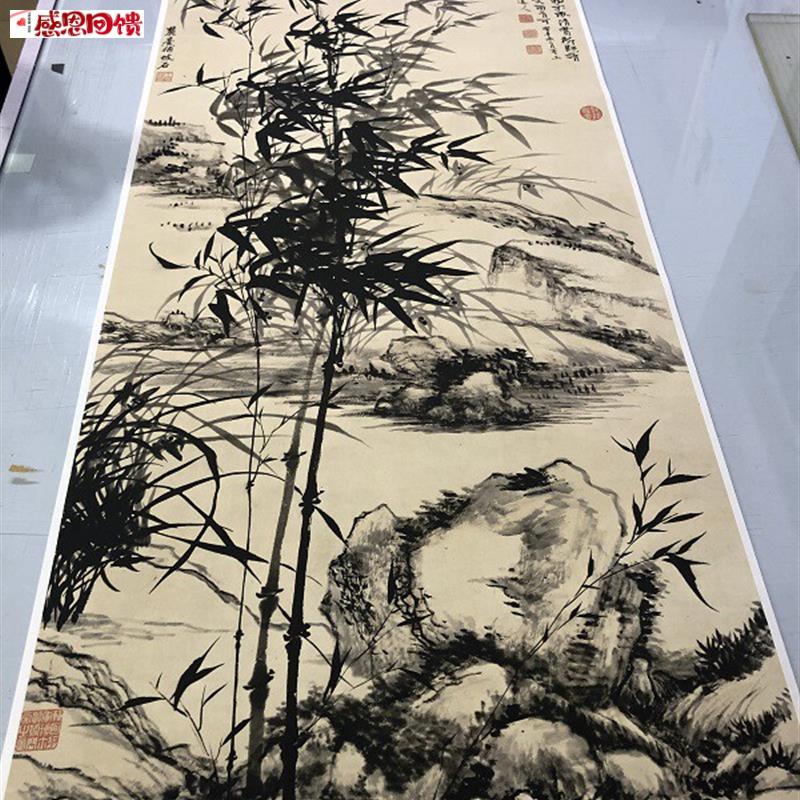彷古竹子国画装饰画 艺术微喷宣纸画 王原r祁石涛合作墨竹图挂