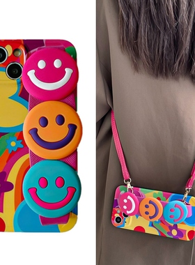 彩色涂鸦立体笑脸腕带适用opporeno8pro+手机壳7/6/5/4/3/2潮r17/r15x斜挎绳k9/k5/k7/k3软a93s/a72/a52女a97