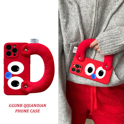 搞怪大眼睛红色手提腕带适用iphone14promax苹果15手机软壳13/12/11硅胶xs/xr简约8plus个性7P防摔7/8/SE2女