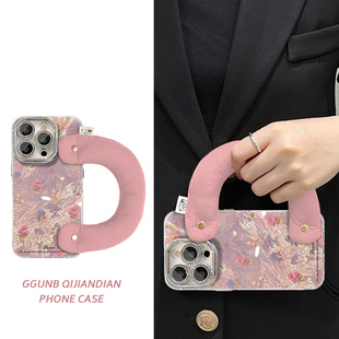 满屏油画粉玫瑰黄花粉棉腕带适用iPhone16Promax手机壳苹果15高级14保护套13个性12小众xsmax简约xr防摔