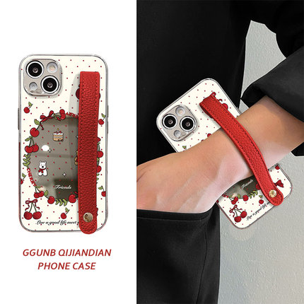 满屏波点樱桃小熊红皮腕带适用OPPOReno13Pro手机壳12/11高级10保护套9简约reno8小众7防摔6/5个性k11