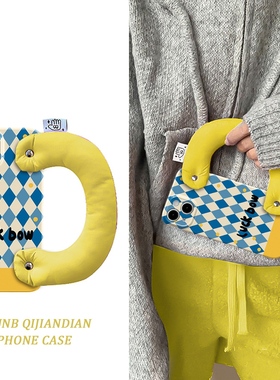 撞色蓝白菱格黄色充棉腕带适用opporeno9pro手机壳8/7/6/5/4/3潮r17/r15创意k9/k5/k7/k3防摔a93s/a72/a5女