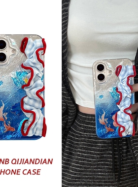 油画蓝色荷花红鲤鱼适用小米15Pro手机壳14高级k80个性k70简约k60小众13保护套12红米note14/11潮k40软