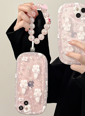 高级粉色花朵兔子链条适用opporeno8pro手机壳7/6/5/4/3/2潮r17/r15创意k9/k5/k7/k3/k1软壳a93/a72/a52女a97