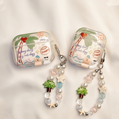 涂鸦椰树小狗适用Baseus倍思E3耳机套M02透明W04软WM05真无线蓝牙WM02保护壳M2/W04+潮storm3无线耳机套wo43