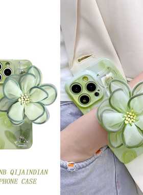 小清新渐变绿色纱花腕带适用opporeno9pro手机壳8/7/6/5/4/3潮r17/r15创意k9/k5/k7/k3防摔a93s/a72/a5女