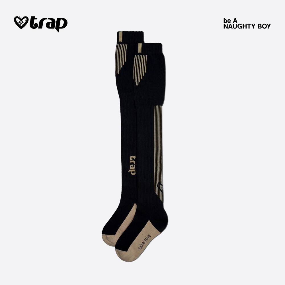 Trap「密洞」系列男式多元酷儿螺纹提花性感超修身长筒袜-神秘黑