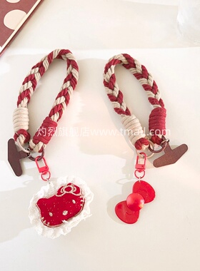 甜美可爱红色花边KT猫编织绳手机挂件动漫卡通网红学生女款结实耐用短款挂链汽车钥匙扣ccd相机便携挂绳手环