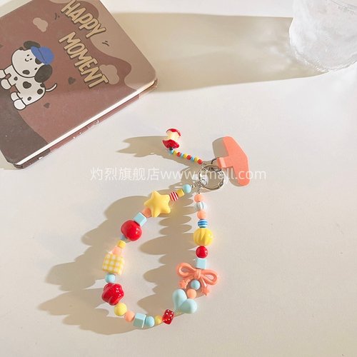 手作多巴胺苹果核ins彩色挂饰手工可爱串珠手机链ccd挂绳相机挂件手提防丢配饰韩系少女心短手腕便携挂绳H31