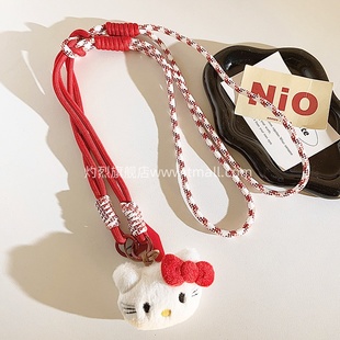 卡通红蝴蝶结白KT猫挂饰手机壳编织尼龙斜跨长绳DIY动漫可爱网红女款ccd挂链便携侧背带挂脖户外结实耐用挂绳