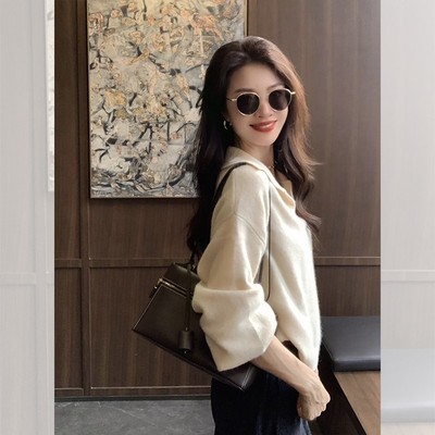 法式Polo领杏色长袖针织衫女早秋高级感毛衣内搭打底衫气质小上衣