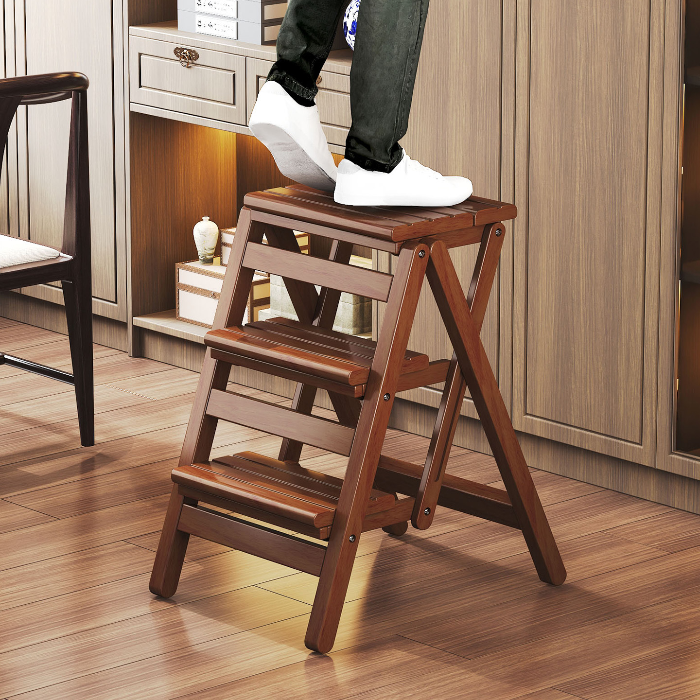 实木多功能折叠椅脚踏凳梯凳脚凳踩脚凳椅子脚踩踏步台阶三步梯子