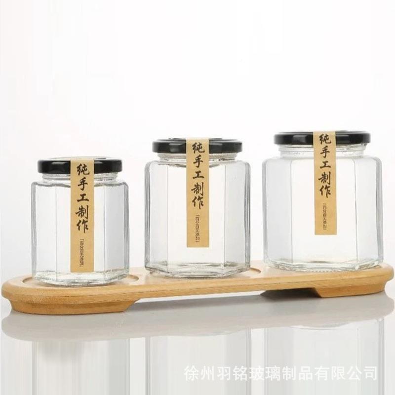 5装00ml六蜂棱玻璃瓶瓶密封带YM-35盖分瓶空瓶透明蜜套装辣椒酱菜