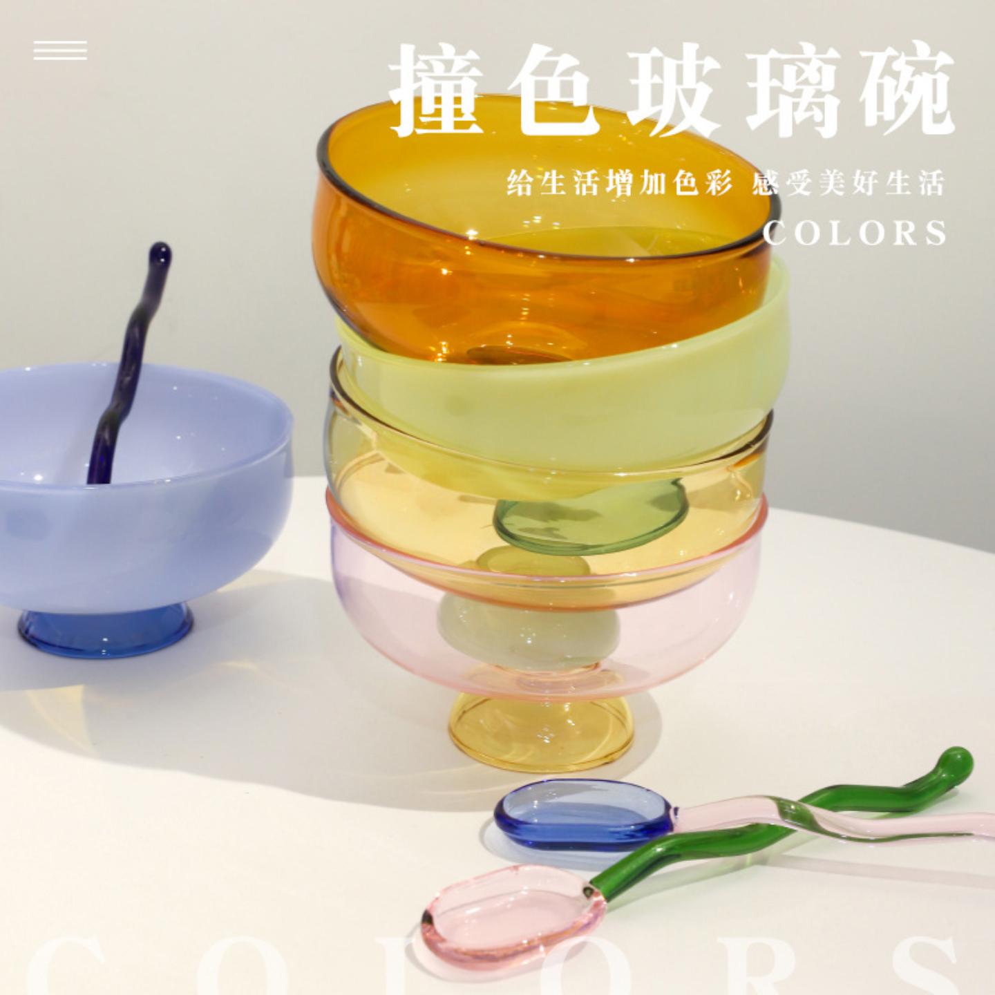 撞色玻璃碗水果沙拉碗汤碗餐具图片