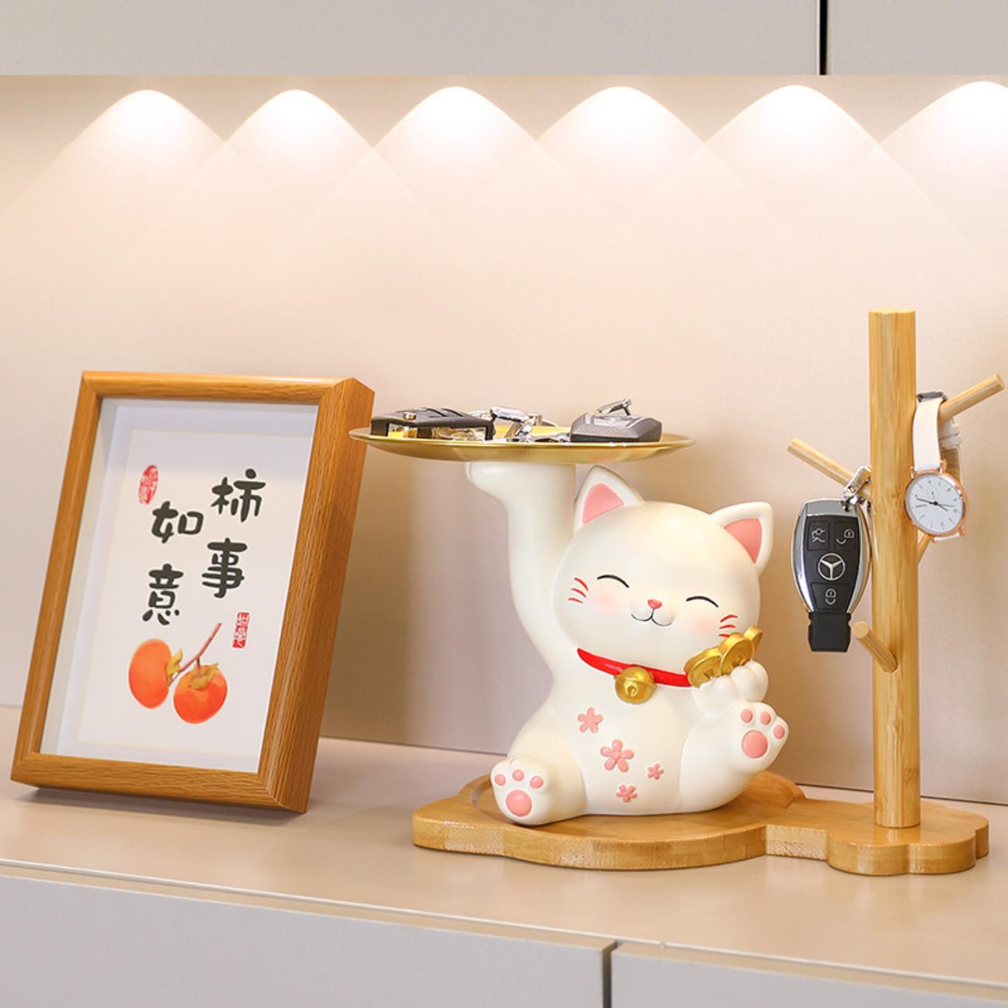 可爱招财猫摆件玄关托盘多色