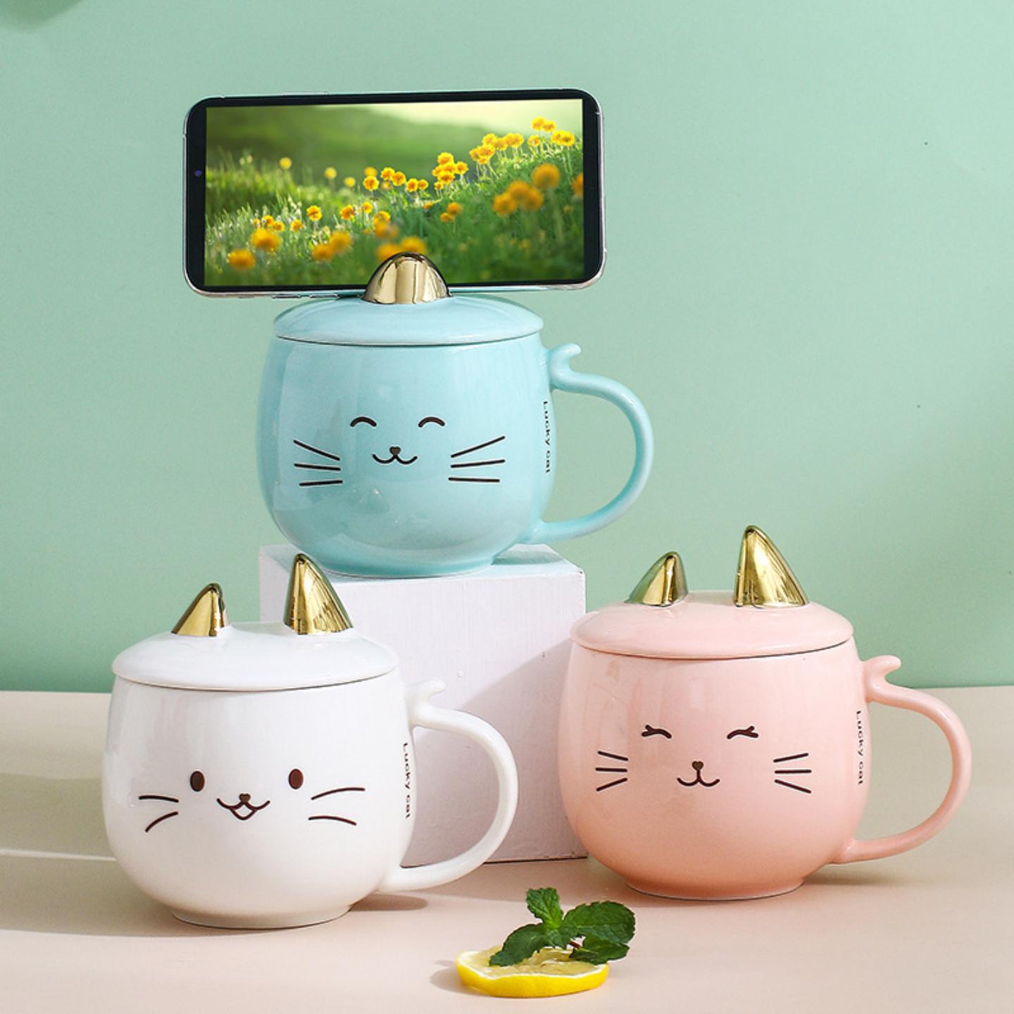 陶瓷马克杯子带盖手机支架catmug