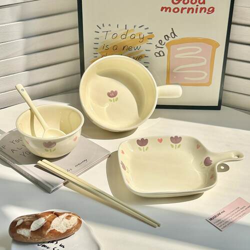 紫色郁金香一人食手柄碗饭碗套装
