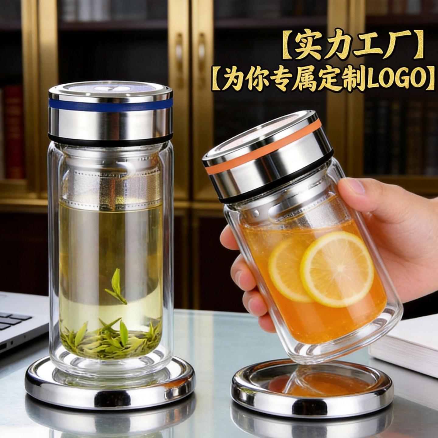 双层玻璃水杯带盖矮胖高颜值硼硅