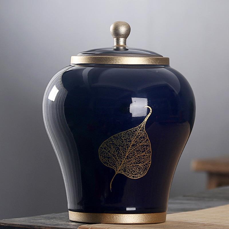 茶叶陶瓷定logo大号霁蓝描金密封储礼盒哥品物制窑茶JRCYG-00叶包