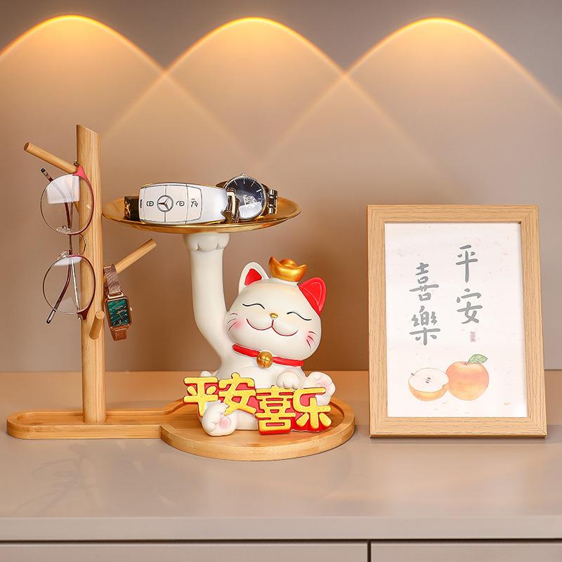 意平安喜乐招财猫家居摆件卡通招ZCM创财猫托盘玄关物收纳置装架
