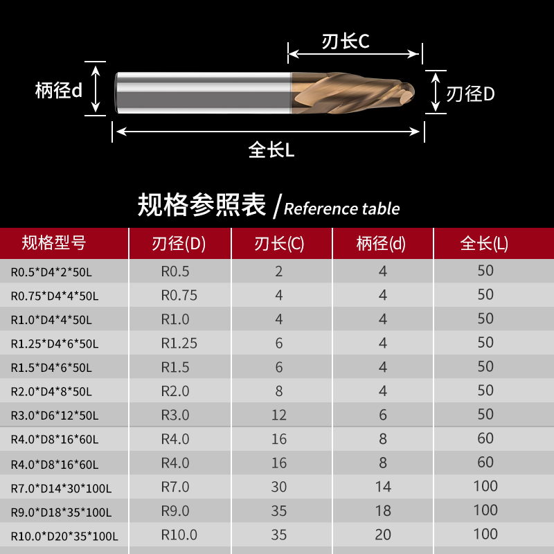 62度2刃钨钢铣刀合金涂层圆头球形立铣刀加长球头铣刀R0.5-10mm