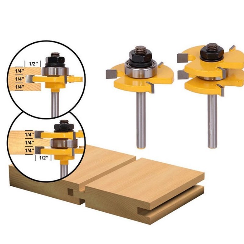 6MM柄3齿T型榫合刀地板刀拼板刀木工铣刀镂刀黄漆6*1/4