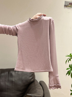 紫色磨毛半高领木耳边长袖打底衫女2025年秋冬季修身T恤内搭上衣