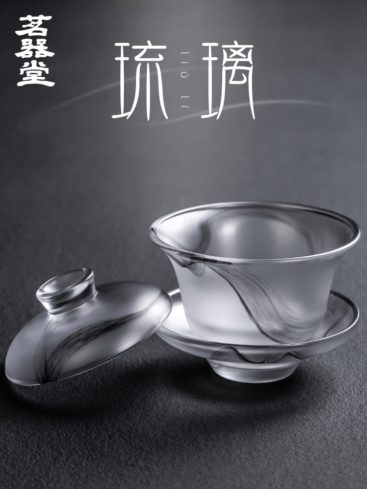 水墨琉璃盖碗茶杯大号家用防烫泡茶三才茶碗古法玻璃加厚功夫茶具图片