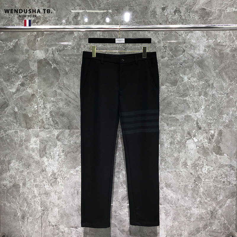 tb毛呢裤子男士四条杠秋冬季宽松直筒坠感羊毛小西裤潮流休闲长裤