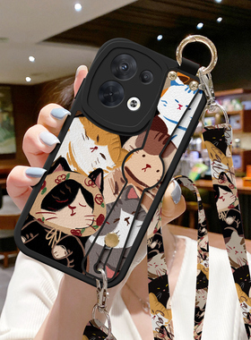 适用OPPO Reno9手机壳reno12新款reno10全包11防摔8斜挎挂绳Rono7se涂鸦猫狗6保护套Rino5背带4硅胶Pro腕带13