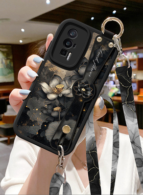 适用红米k70手机壳k60e新款note14斜挎挂绳13油画荷花k50至尊版12turbo背带k40s复古风11tpro保护套pro简约10