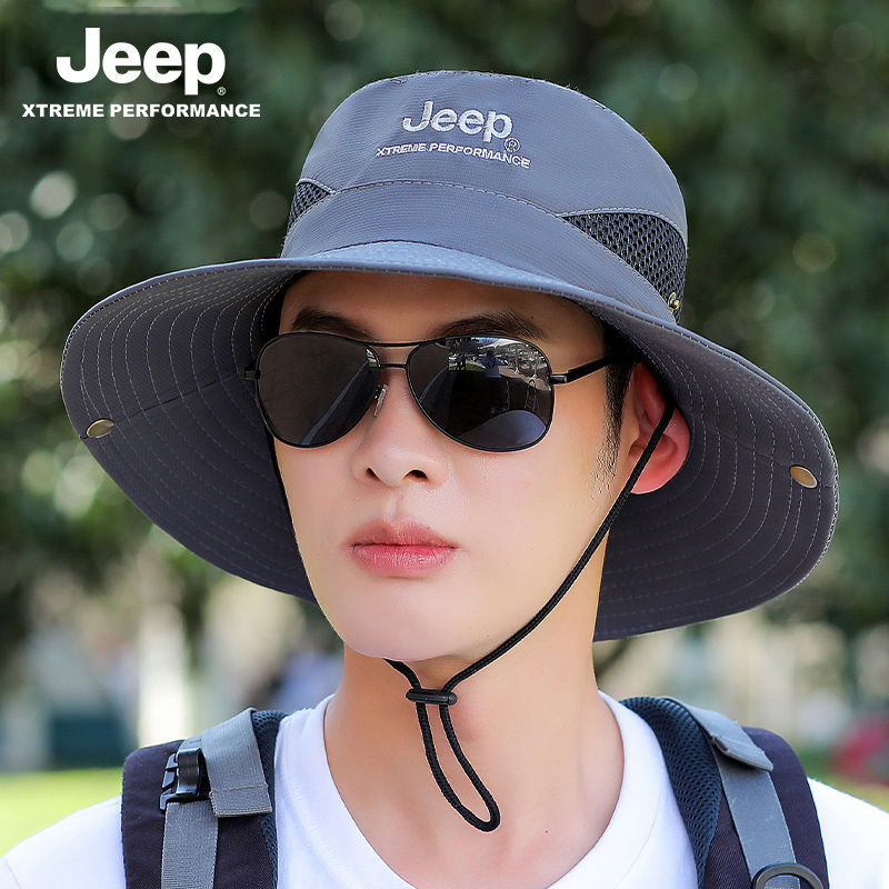 jeep吉普帽子男夏季钓鱼透气渔夫防晒户外登山男士大檐遮阳太阳帽