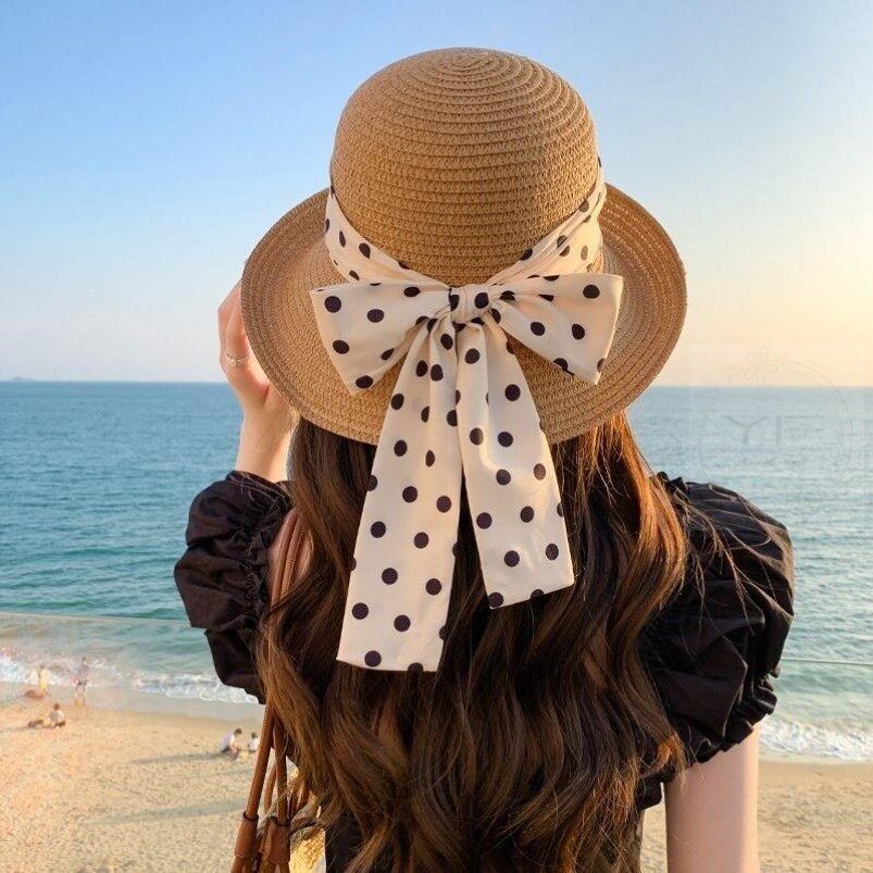 草帽女夏季飘带旅游盆帽宽檐沙滩帽大沿防晒时尚遮阳帽卷边太阳帽