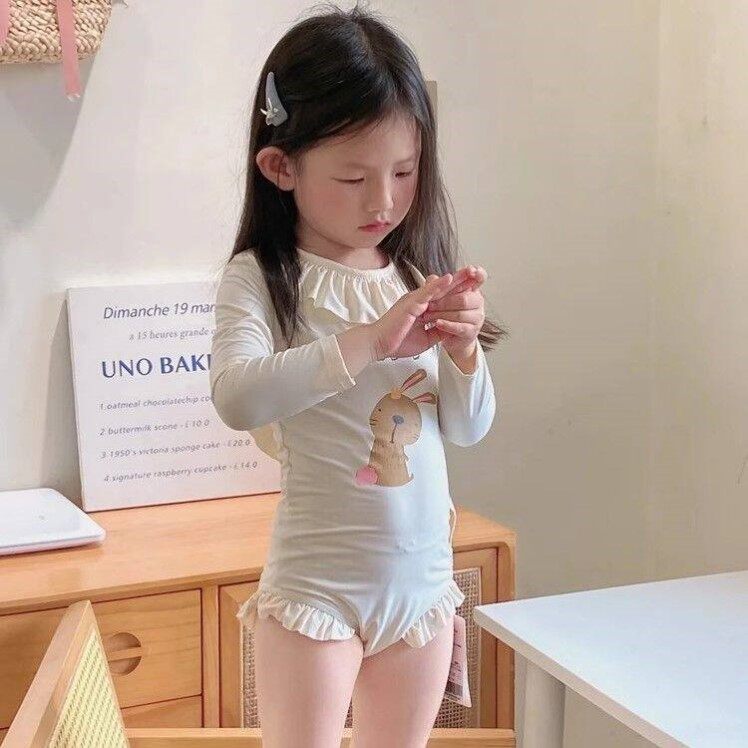夏季泳衣女儿童连体冰丝长袖泳装卡通印花可爱宝宝防晒速干韩系款