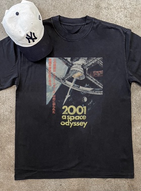 2001太空漫游水洗做旧复古经典电影美式休闲纯棉宽松落肩短袖T恤U