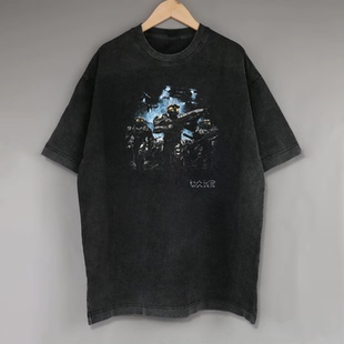 美式复古Halo Wars光环科幻战士官长短袖T恤男女水洗做旧T-shirt